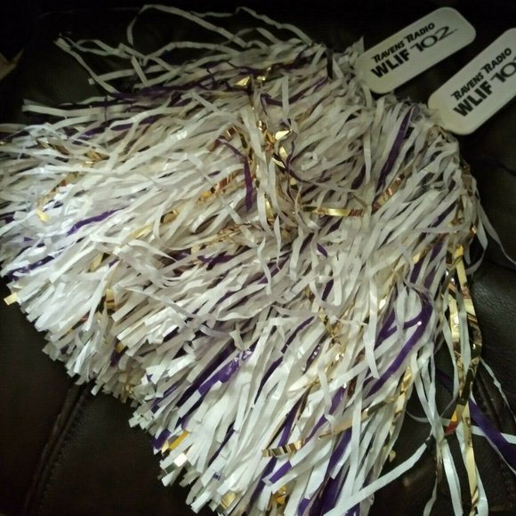 2 Vintage Purple, Gold & White Ravens Pom Poms (Costume/Football/Cheerleader) - Picture 1 of 5